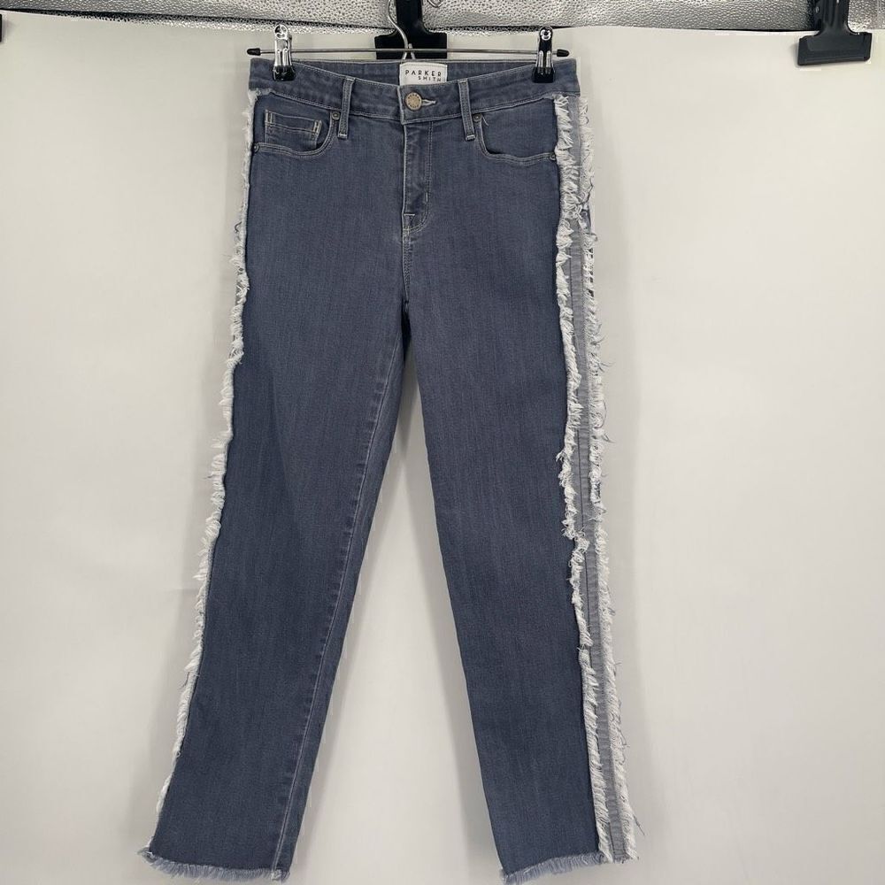 Parker Smith Black Straight Leg Seam Side Frayed Fringe Denim Jeans Size 26